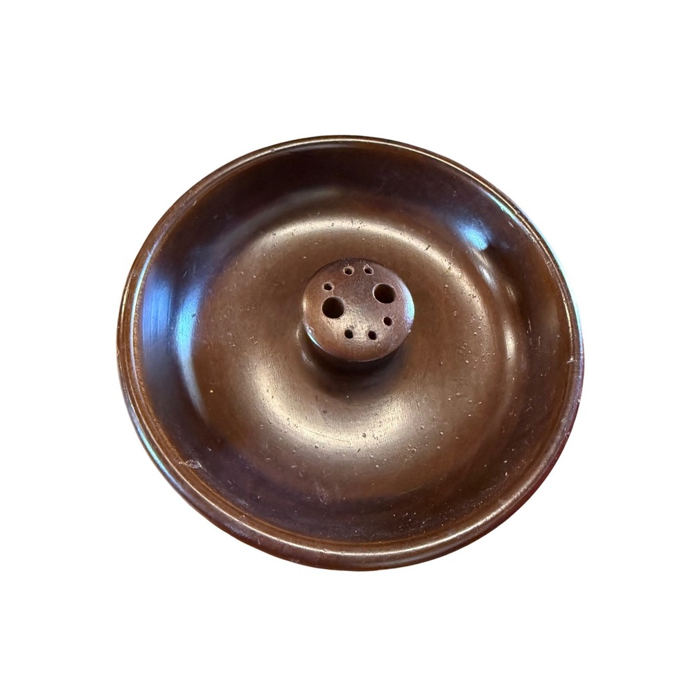 Vintage Dark Brown‎ Ceramic Flower Frog Bowl Round Glazed Pottery 6.5 Inch